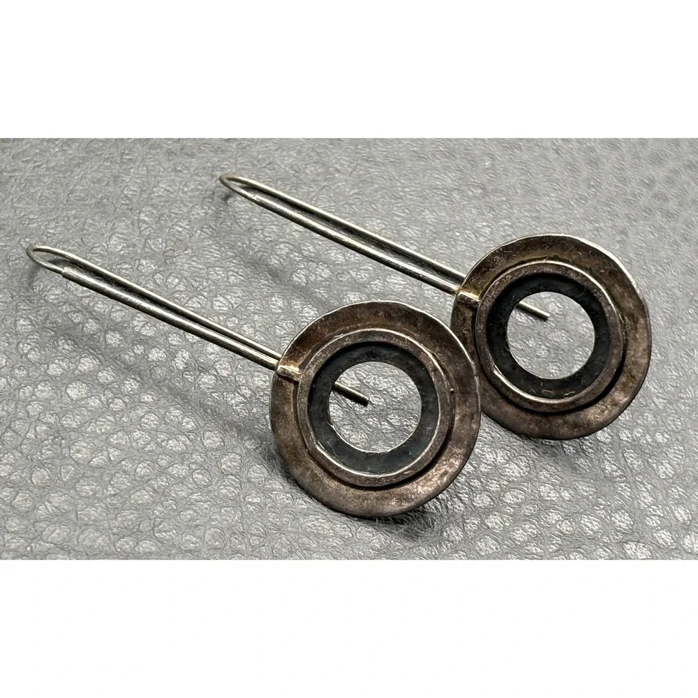Vintage Silpada Huge Sterling Silver Hammered Circle Drop Earrings Modernist